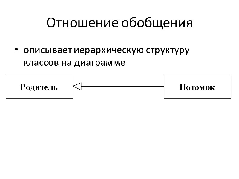 Отношение обобщения описывает иерархическую структуру классов на диаграмме